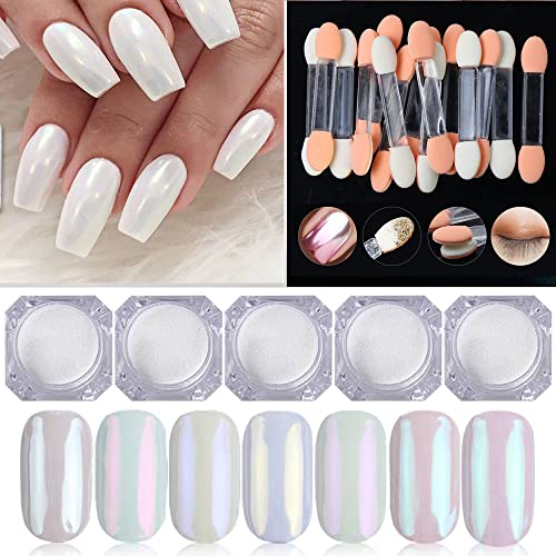 5 Stücke Perle Glitter Nagel Pulver Aurora Spiegel Nagel Glitter Spiegel Aurora Neon Pulver Staub Chamäleon Nail Art Chrom Pigment Tauchpulver Dekoration 5 Stück Schwammpinsel