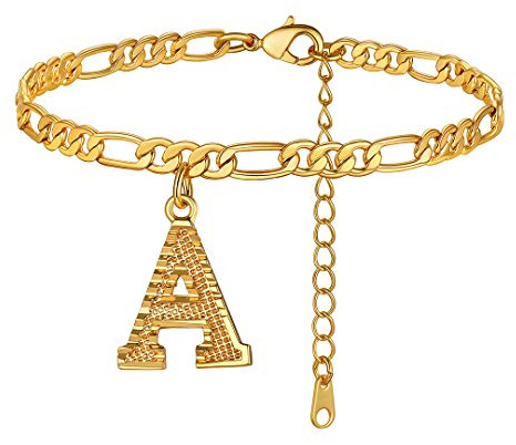 ChainsHouse Damen Mädchen Sommer Strand Fußkettchen mit 26 Buchstaben Anhänger 22cm+5cm gold Figarokette Fußkette Modeschmuck Fußkettchen mit Geschenkebox für Muttertag Valentinstag Geburtstag