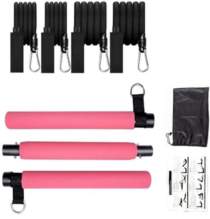 Qicool Pilates-Stangen-Set, Pilates-Stangen-Set mit 4 Widerstandsbändern (6 x 10 kg, 6 x 12 Pfund), Fitnessgerät, Yoga, Pilates, Workout-Widerstandsband mit Fußschlaufe für Beine, Hüfte, Taille und