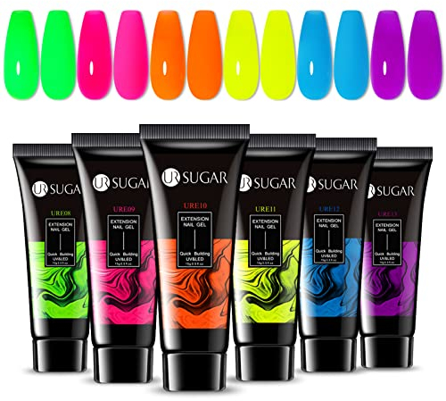 UR SUGAR Polygel Set Farben Neon, 6 Farben Poly Extension Gel Nägel Set Poly Nagel Gels Tuben Nagelverlängerung Builder Gels Neon Grün Gelb für Nägel Nagelset Fräser Extension Building Nagel