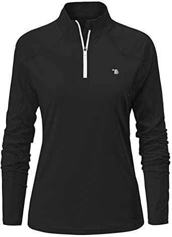YSENTO Women's Long Sleeve Running Sports Tops Lightweight Gym Walking Zip Up Golf Polo T-Shirt(Black,XL)