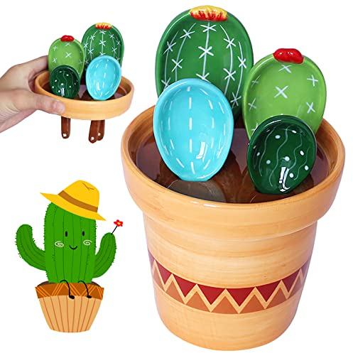 Set di cucchiai dosatori a forma di cactus in pentola, simpatici cucchiai dosatori e tazze in ceramica, cucchiaio da cucina con supporto, misurini da forno, ornamenti regalo