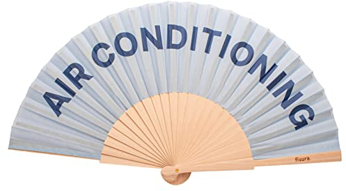 Fisura – Original orange handheld folding fan with “Air conditioning” message. Colorful wooden fan, perfect for gifts, wedding party decoration. Hanger included.
