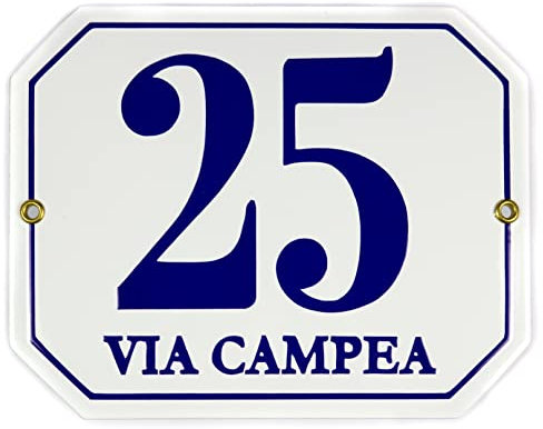 Numero Civico Esterno con Indirizzo - 16x20 cm - Targhe Personalizzate in ceramica - Bianca & Blu