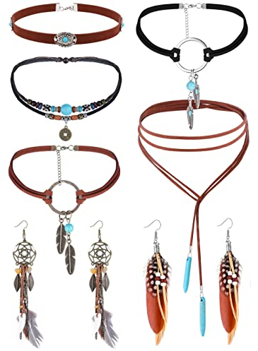JeweBella 7PCS Boho Halskette Set für Damen Vintage Bohemian Feder Anhänger Ohrringe Wildleder Handgemachte Lederhalskette Türkis Perlen Choker Halskette Boho Stammes Schmuck Sets