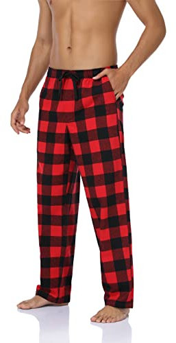 North Bund Schlafanzughose Herren, 100% Baumwolle Kariert Pyjamahose Dicke Flanell Schlafhose Weich Nachtwäsche für Männer mit Taschen Verstellbaren Tunnelzugbund Rotes M