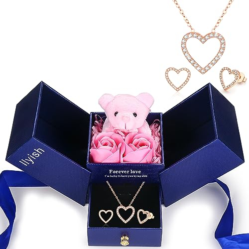 llyish Ewige Rose mit Herz Halskette und Bär Geschenkbox Geschenk für Frauen Mama Freundin Zum Geburtstag Muttertag Jubiläum Valentinstag Erntedankfest