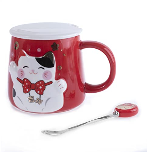 lachineuse - Tazza in rilievo - Decorazioni per gatti Maneki Neko - Tonalità rossa - Accompagnata dal cucchiaio - Decorazione Giapponese - Idea Regalo Giappone Asia