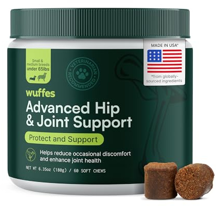 Wuffes Advanced Dog Hip and Joint Supplement with Glucosamine, Chondroitin, Omega 3, MSM, and Green Lipped Mussel, 60 Pork Flavored Chews for Small and Medium Dog Breeds