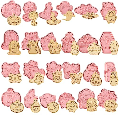 Bekecidi 24 PCS Halloween Cookie Cutters Set, Non Stick Candy Biscuit Mold Cookie Plunger Baking Decorating Molds Fondant Chocolate Press Molds Happy Halloween Bat Pumpkin Ghost Witch Skeleton