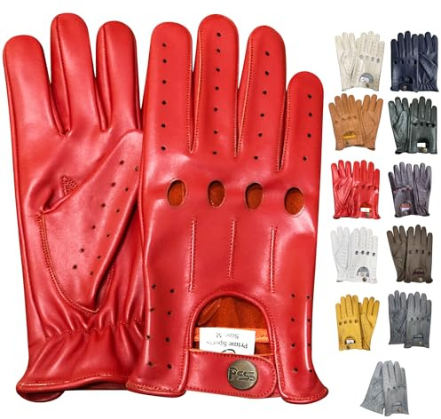 PSS Lederhandschuhe Autofahren Herren Männer Fahrer Lenkrad Chauffeur Handschuhe echtes Leder Autohandschuhe mit Loch Atmungsaktive ohne Futter Sommer Winter, Ref 507, Rot Größe S
