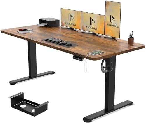 Homall 160x80cm Height Adjustable Standing Desk with USB Charging with Wire Management Tray, Stand up Desk Heavy Duty Steel with 3 Memory Setting,Rustic Brown