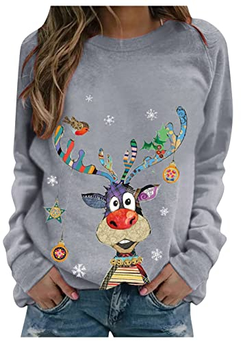 Sweatshirt Damen Oversized, Weihnachtspullover Casual Fashion Weihnachten Print Langarm Rundhals Pullover Top Ugly Christmas Sweater Pullover Sweater Rot Lichterkette Große (XXL, Grau)