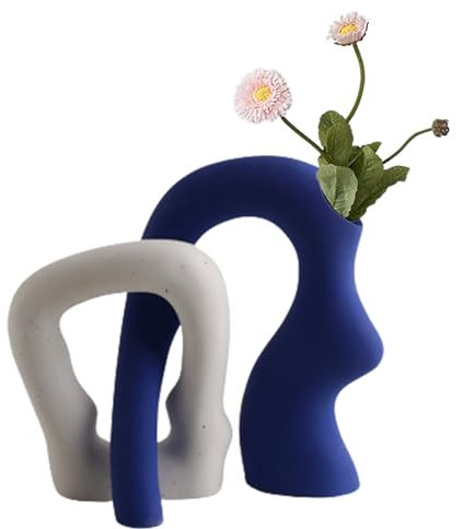 Jauhmui Nordische Vasen Set, Matt Weiße Vase, Keramik Vase für Pampasgras, Vase Nordic Ring Form Modern vase, Deko Vase für pampasgras Boho Deko, Aesthetic Hohle Vasen, Hochzeit Party Geschenk (Blau)
