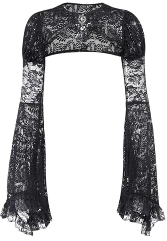 XCJIKUKE Damen Gothic Shrug Goth Spitze Cardigan Mesh Glockenärmel Schal Y2k Crop Top Punk Shirt, Schwarz 2, Large