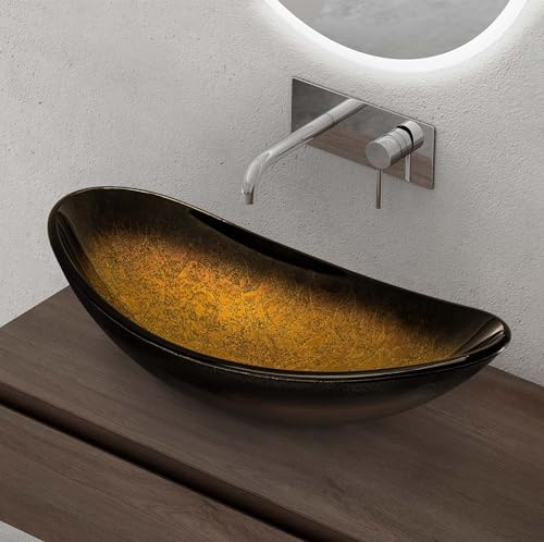 Sogood Lavabo à Poser Vasque en Verre Doré Lave Mains Ovale de Salle de Bains Petit Lave-Mains pour WC 53,5x35,5x16 cm Minerva08