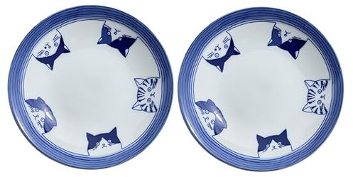 Japanese Ceramic Small Plate Set, Five Kinds of Cat Face Patterns 5.4 x H0.98 Inches Mino Ware White & Blue Set of 2, from Japan 23245
