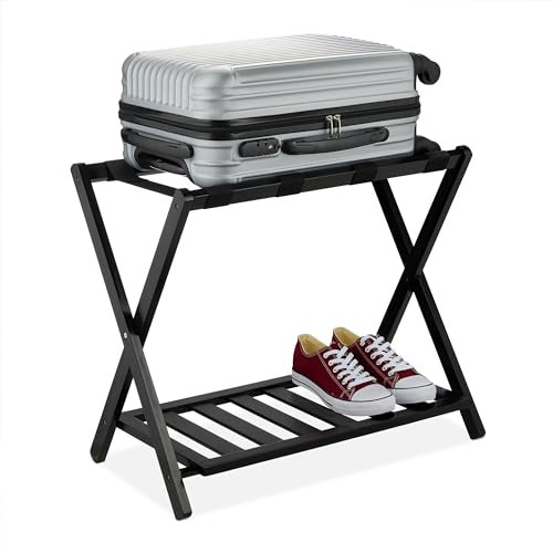 Relaxdays Support à valises, Pliant, Bambou, HxLxP: 58,5x68,5x38 cm, Porte-Bagage avec étagère, Sac Voyage, hôtel, Noir