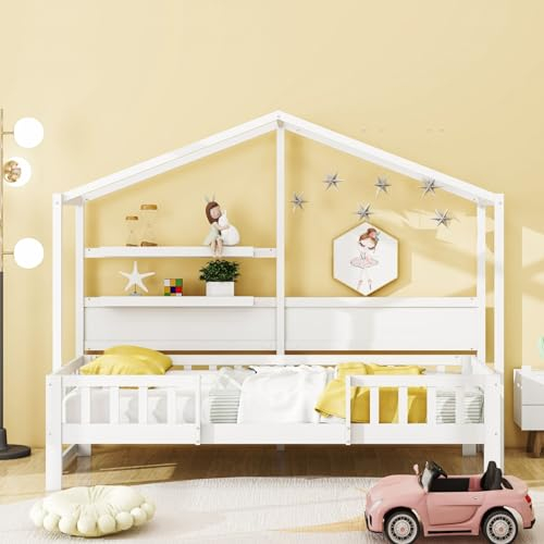 Skcess Kinderbett 90 X 200 cm, Schlafsofa Aus Massivholz,Weißes Jungen- Und Mädchenbett Mit Lustigem Dach Und Sicherheitszaun