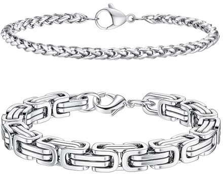 LOCCY Armband Herren, 2 Stück Silber Edelstahl Herrenarmbänder Panzerkette Armband Königskette Armbänder Figaro Armbänder Glieder Link Armkette für Männer Jungs (Set 6 Silber-4/6mm, Zentimeter, 23)