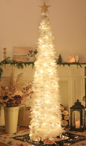 SINTENILL 6 FT Pop Up Collapsible Artificial White Tinsel Christmas Tree with 100 LED Timer Lights - Indoor Home, Office, Party