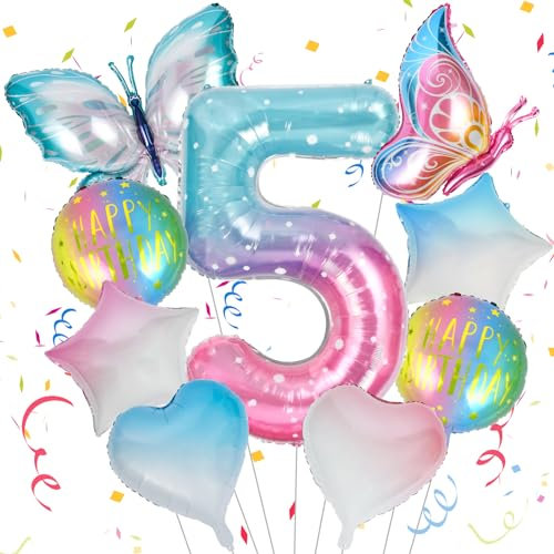 OSDUE Schmetterling Folienballon 5., Großer Schmetterlingsballons, Bunt Schmetterlinge Geburtstagsdeko 5 Jahre Mädchen, Zahl 5 Luftballon Rosa, 5. Kinder Mädchen Geburtstag Schmetterling Themen Party