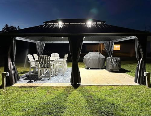 PURPLE LEAF Hardtop Pavillon 3.65 x 7.32 m Wasserdicht Stabil Winterfest Gartenpavillon Alu Pavillon mit Seitenteile 21.9 m 36 LED Kugel Lichterkette, Grau