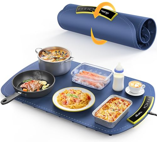 Electric Warming Tray - Upgraded 8 TEMP Setting Food Warming Mat, Full-surface Heat in 5s, 4 Hours Auto-off, Child Safety Lock, Foldable Food Warmers for Buffet Server Party, 65 * 40 * 1.5cm