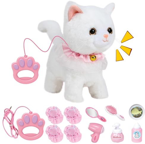 NAVESO Interaktives Katze Spielzeug Kinder, Elektrische Katze Die Miaut und Läuft,Spielzeug Katzes für Kinder, Plüschkatze mit Funktion,Geschenke für Jungen & Mädchen Weihnachten (Weiß)