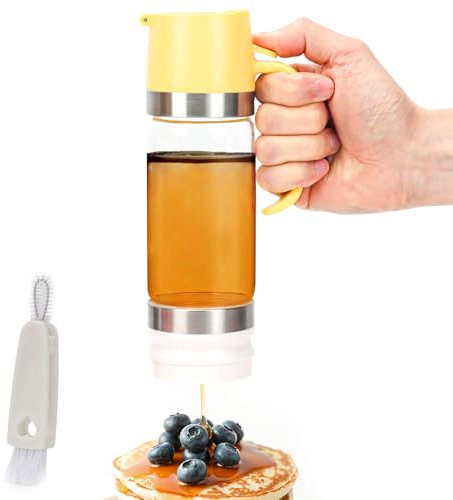 YIK TUNG 12 Oz Glass Honey Dispenser Pot with Silicone Base No Drip Honey Container Jar, Maple Syrup Dispenser with Handle for Pancake, Coffee or Tea Yellow