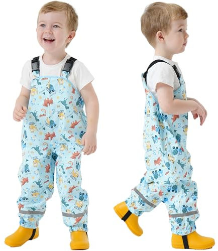 Fewlby Waterproof Bib Overalls Kids Rain Trousers, Boys Girls Rain Dungarees Wind and Waterproof Mud Rain Pants Toddler Cartoon Dinosaur Rainwear for Outdoor Play, 2-3 Years