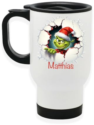 muckki.de Edelstahl-Thermobecher mit Deckel Weihnachten Grinch 8 personalisiert weiß