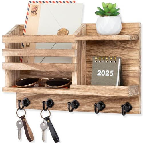Nekon Porte-clés mural en bois pour clés et courrier, 30 x 19,8 x 7,9 cm, porte-clés avec 5 crochets pour entrée, couloir, décoration d'intérieur rustique (bois)