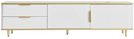 TV Schrank 175 cm mit 2 Türen und 2 Schubladen, TV Lowboard mit Geschnitzter Texturtür, Fernsehtisch Fernsehschrank, Marmor-Finish, Moderne Eleganz, Weiß, für Fernseher bis zu 75 Zoll