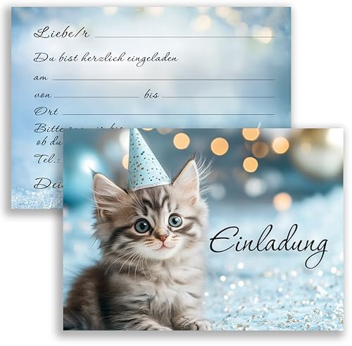 10x Kinder Einladungskarten Einladung Kindergeburtstag Katzen Party Katze Mädchen Jungen Geburtstagsfeier Blau Rosa Silber Geburtstag Einschulung