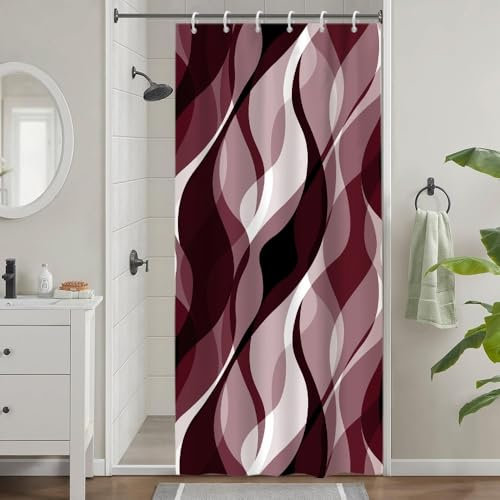 Uiiooazy Rideau Douche Étroit, Rideau de Douche Rouge Bordeaux Anti Moisissure Abstrait Rayures Noir Rayé Rideaux de Baignoire Tissu Imperméable Lavable Rideaux Salle de Bain avec 6 Crochets 90x180cm