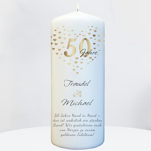 Goldene Hochzeit Kerze mit Namen & Wunschtext personalisiert - zum 50 Hochzeitstag - Größe 20cm x 6,8cm