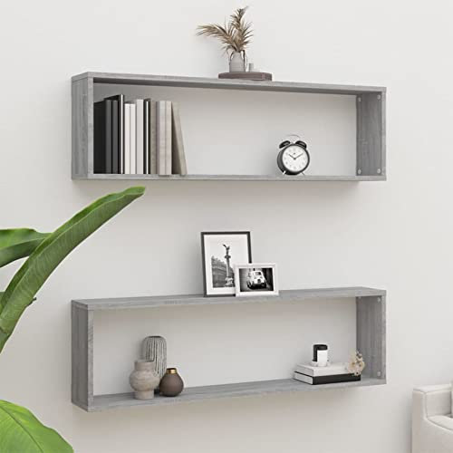 Tidyard Étagères murales Cube 2 pcs Sonoma Gris 100x15x30 cm Bois Tablette Flottante, Étagères Murale de Rangement Suspendue pour Salon, Salle de Bain, Chambre, Couloir, Cuisine