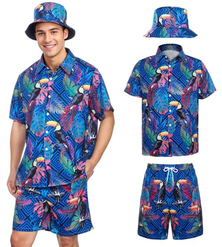 SERTAS Hawaii Hemd Männer,3 Pcs Hawaii Outfit Herren mit Flamingo Hemd Shorts Fischerhut,Freizeit Festival Outfit Herren Flamingo Hemdn Set (Lila, M)