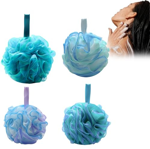 Hsyadazi 4 éponges de bain avec ruban - Éponges en luffa pour gommage et massage du corps - Éponges de douche en maille douce - Motifs floraux multicolores