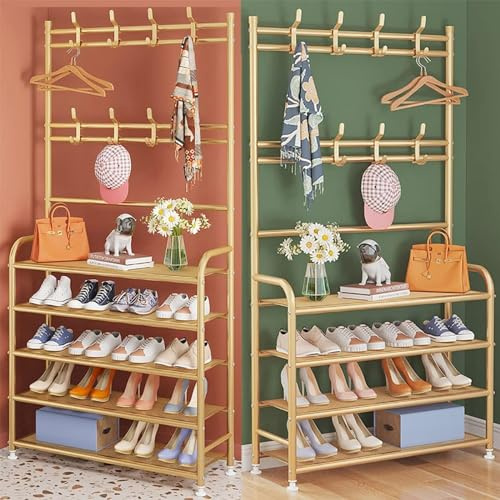 Eckbank Garderobe mit 8 abnehmbaren Haken, Metall und Holz, Schuh-Flur-Aufbewahrungslösung für Schlafzimmer und Wohnzimmer