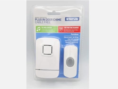 Status Door Bell Chime Push Button Cable Free Battery or Electric Plug In 150m Range, 24 x Polyphonic Melodies and 8 x Monophonic Melodies (Battery Powered)