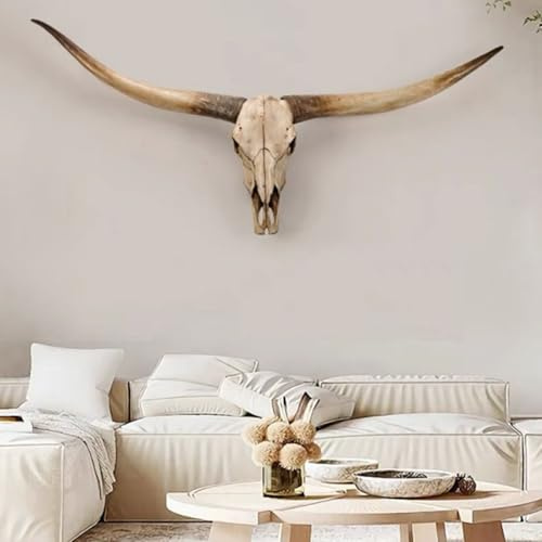 Kuhschädel-Wanddekoration, Künstlicher Präparator Longhorn-Schädel, Wanddekoration mit Langen Hörnern, Handgefertigte Bullenschädel für Wohnzimmer, Schlafzimmer, Bauernhaus Dekoration, 178cm(Braun)