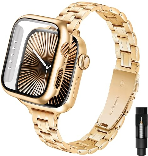 Aniaboho Damen Schlankes Metallarmband Kompatibel mit Apple Watch 40mm 41mm 42mm(Series 11/10) 44mm 45mm 46mm mit Schutzhülle, Slim Band, Band und Hülle für iWatch SE 3 2 1, Series 11 10 9 8 7 6 5 4