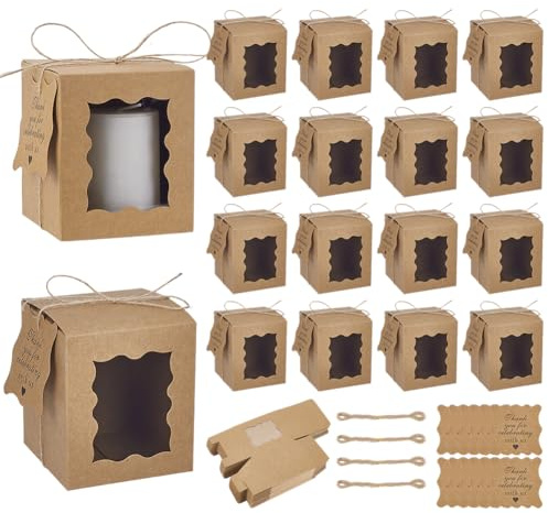 PH PandaHall 50 Stück Kerzen Geschenkboxen, Papier Geschenkboxen 8.5x8.5x10cm Kleine Verpackungskiste mit sichtbaren Fensteretiketten und Seilen für 10oz Kerzenbehälter, Hochzeit Weihnachten, Braune