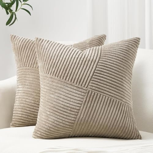 Topfinel Kissenbezug 65x65 Taupe Kordsamt 2er Set Windmühle Streifen Muster Kissenbezüge Kissenhülle Dekokissen Sofakissen Patchwork Design Deko Wohnzimmer Bett Schlafzimmer Sofa