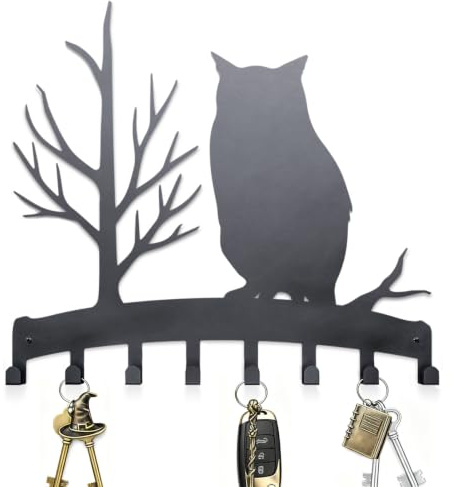 LALALANHOME DE1-OK7 Schlüsselbrett Silhouette Eule Schmiedeeisen Schwarz mit 8 Haken Schlüsselhalter Schlusselbretthaken HP Fans Geeignet für Küche Arbeitszimmer Schlafzimmer Badezimmer Wohnzimmer Bür