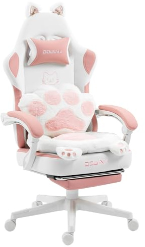 Dowinx Sedia da gioco ergonomica con poggiapiedi, sedia da gioco e sedia da gioco in PC, con tessuto, ergonomica, per gaming, per adulti, colore rosa bianco