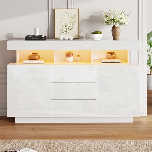 ModernLuxe High Gloss Sideboard with LED Lights, Stylish Storage Cabinet with 3 Drawers and 2 Doors, Living Room Cabinets with Adjustable Shelves, Elegant Chest of Drawers, White, 140×35×80 cm