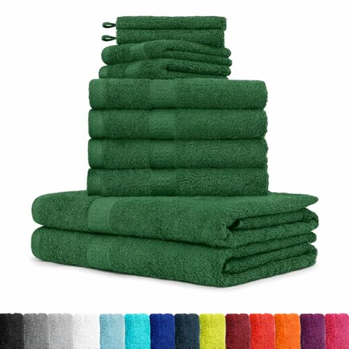 BaSaTex Frottee Handtuch Komplett Set, Dunkelgrün | Öko-Tex Made in Green Zertifiziert, Se aus 4X Handtuch, 2X Duschtuch, 2X Gästetuch, 2x Waschhandschuh